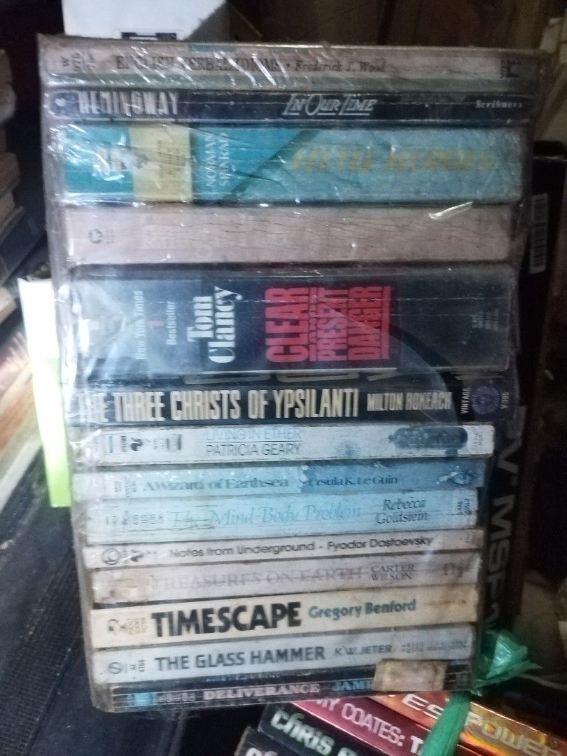 #Rare books (in shelves) (Category: Storybooks) located in Dasmarinas. Submitted by monc.monc (Listing ID 1337469782, Image 1). Description: you may google the title. *English verbal idioms by Frederick T Wood *In Our Time by Ernest Hemingway *Little Heroes by Norman Spinrad *Clear and Present Danger by Tom Clancy * The Three Christs of Ypsilanti by Milton Rokeach *Living in Ether by Patricia Geary * A Wizard of Earthsea by Ursula K. Le Guin *The