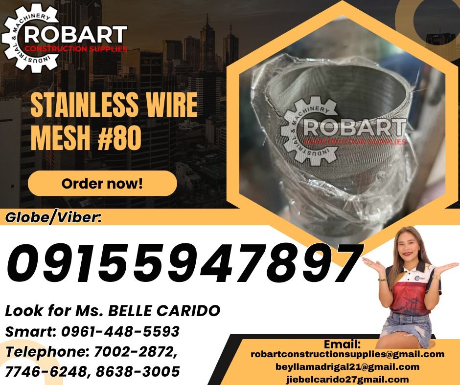 Stainless wire mesh #80 (Category: Construction Tools & Equipment) located in Manila. Submitted by bellarobart (Listing ID 1337458705, Image 1). Description: Stainless wire mesh #80 x 48" width / meter 𝑹𝑶𝑩𝑨𝑹𝑻 𝑪𝑶𝑵𝑺𝑻𝑹𝑼𝑪𝑻𝑰𝑶𝑵 𝑺𝑼𝑷𝑷𝑳𝑰𝑬𝑺 Office Address: 1405 Yuseco St. Sta Cruz Manila SEND US MESSAGE FOR INQUIRIES ‼️‼️ Glb/Vibr: 0915-594-7897 Smrt: 0961-448-5593 Landline: (7746-6248 / 7002-2872) 𝓛𝓞𝓞𝓚 𝓕𝓞𝓡 𝓑𝓔𝓛𝓛𝓔 🔵 10