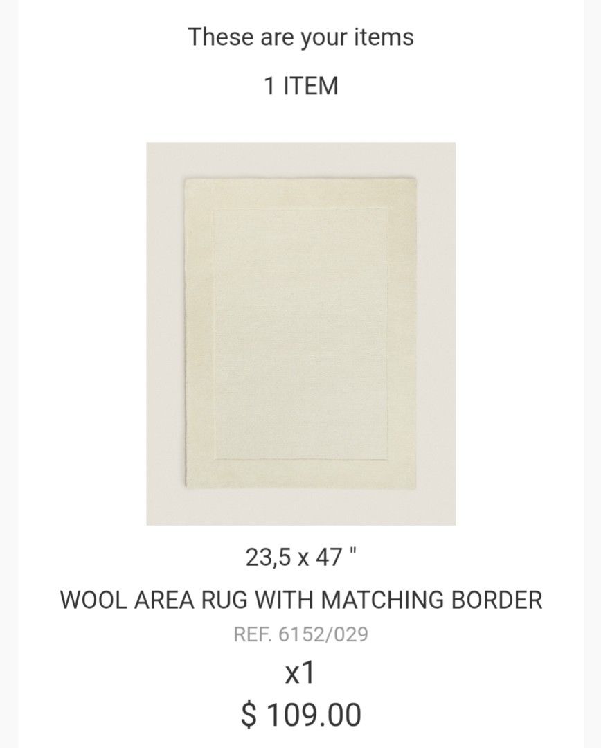 Zara Home wool runner rug (Category: Carpets, Mats & Flooring) located in Pasig City. Submitted by michi.a (Listing ID 1337540994, Image 3). Description: Zara Home wool area rug with matching border - 23.5x47" / 60x120cm - Purchased from the US 🇺🇸 - No issues, lightly used (was mostly kept in storage) - Php 6,300 - slightly negotiable for sure buyer.