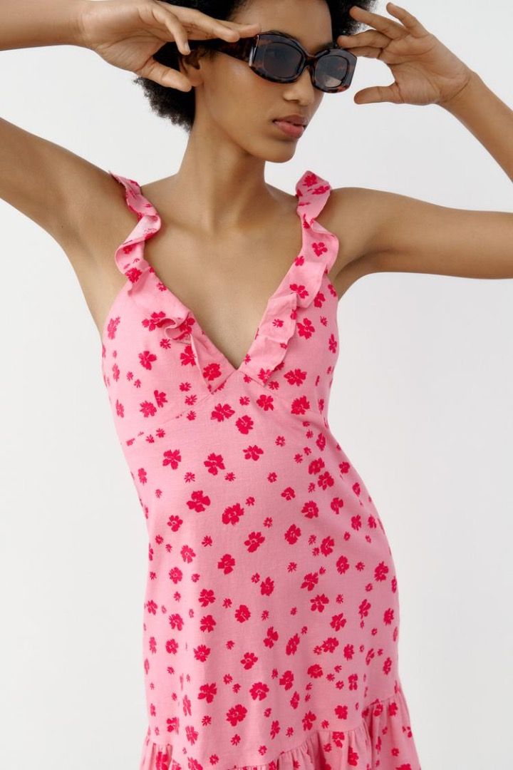 Zara Linen Blend Pink Floral Print Preppy Ruffle Hem Mini Dress Size XS  Small Medium NWOT, Women's Fashion, Dresses & Sets, Dresses on Carousell