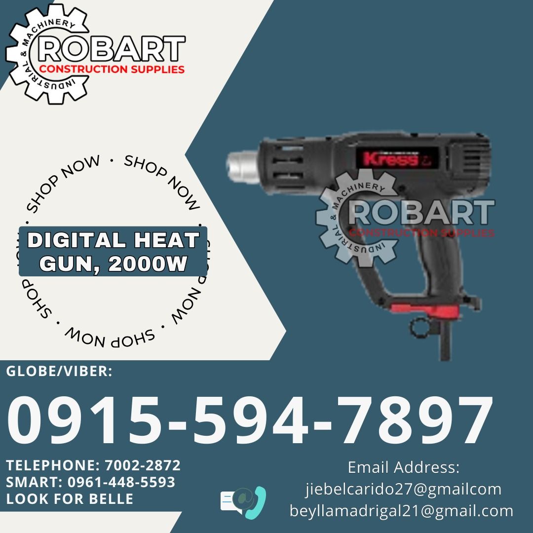 Digital Heat Gun, 2000W (Category: Construction Tools & Equipment) located in Manila. Submitted by bellarobart (Listing ID 1337592092, Image 1). Description: Digital Heat Gun, 2000W Brand: Kress Model: KU041 Temp Range:50600*C 𝑹𝑶𝑩𝑨𝑹𝑻 𝑪𝑶𝑵𝑺𝑻𝑹𝑼𝑪𝑻𝑰𝑶𝑵 𝑺𝑼𝑷𝑷𝑳𝑰𝑬𝑺 Office Address: 1405 Yuseco St. Sta Cruz Manila SEND US MESSAGE FOR INQUIRIES ‼️‼️ Glb/Vibr: 0915-594-7897 Smrt: 0961-448-5593 Landline: (7746-6248 / 7002-2872) 𝓛𝓞𝓞�