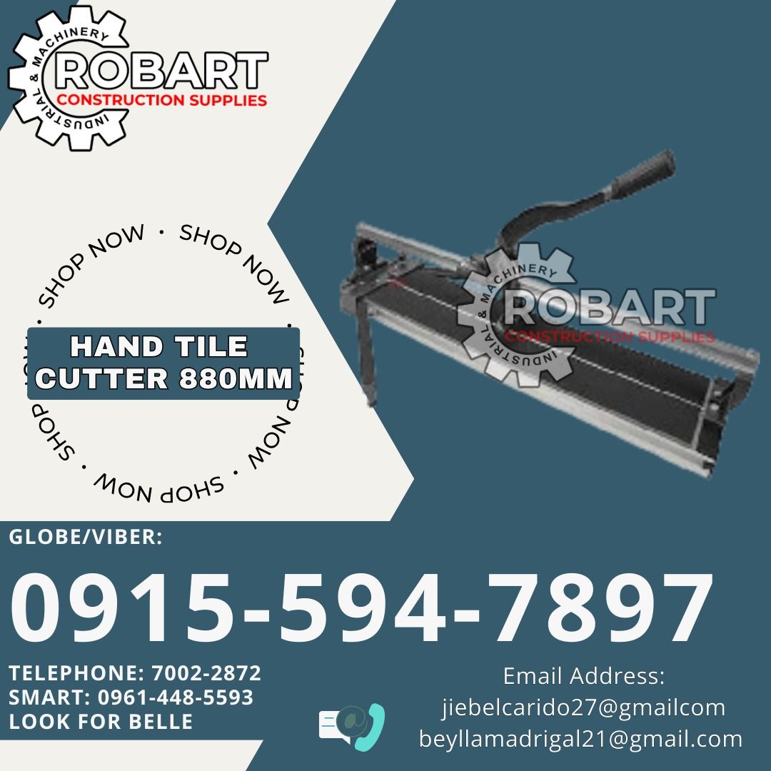 Hand Tile Cutter 880mm (Category: Construction Tools & Equipment) located in Manila. Submitted by bellarobart (Listing ID 1337603278, Image 1). Description: Hand Tile Cutter Brand: Kress Size: 880mm 𝑹𝑶𝑩𝑨𝑹𝑻 𝑪𝑶𝑵𝑺𝑻𝑹𝑼𝑪𝑻𝑰𝑶𝑵 𝑺𝑼𝑷𝑷𝑳𝑰𝑬𝑺 Office Address: 1405 Yuseco St. Sta Cruz Manila SEND US MESSAGE FOR INQUIRIES ‼️‼️ Glb/Vibr: 0915-594-7897 Smrt: 0961-448-5593 Landline: (7746-6248 / 7002-2872) 𝓛𝓞𝓞𝓚 𝓕𝓞𝓡 𝓑𝓔𝓛𝓛𝓔 🔵 100% 
