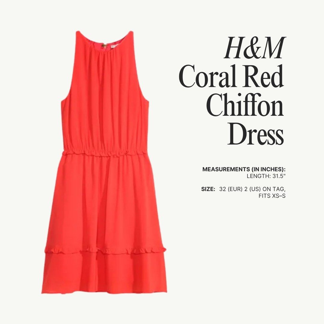 H&M Coral Red Chiffon Dress (Category: Dresses) located in Las Pinas. Submitted by jemdeclutters (Listing ID 1337653733, Image 1). Description: ✨ In very good condition ✨ Used only once for a friend’s debut ✨ Has a nice open-back detail ✨ Has a built-in underskirt ✨ Color may slightly vary due to lighting Measurements (in inches): ✨ Length: 31.5” Size: ✨ 32 (EUR), 2 (US) on tag ✨ Fits XS-S.