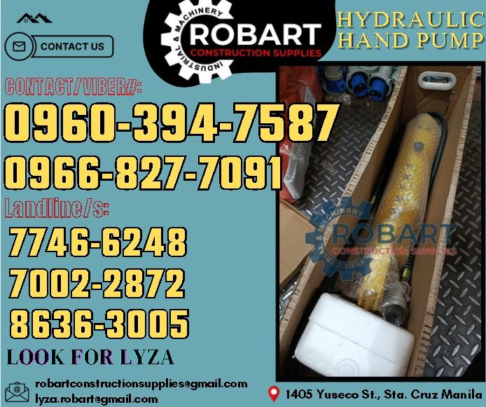 Manual Hydraulic Hand Pump with Gauge (Category: Construction Tools & Equipment) located in Manila. Submitted by lyzarobart11 (Listing ID 1337611119, Image 1). Description: Manual Hydraulic Hand Pump Model: CP-700-2 with Gauge 𝑹𝑶𝑩𝑨𝑹𝑻 𝑪𝑶𝑵𝑺𝑻𝑹𝑼𝑪𝑻𝑰𝑶𝑵 𝑺𝑼𝑷𝑷𝑳𝑰𝑬𝑺 𝒪𝒻𝒻𝒾𝒸𝑒 𝒜𝒹𝒹𝓇𝑒𝓈𝓈: 𝟣𝟦𝟢𝟧 𝒴𝓊𝓈𝑒𝒸𝑜 𝒮𝓉. 𝒮𝓉𝒶 𝒞𝓇𝓊𝓏 𝑀𝒶𝓃𝒾𝓁𝒶 ꜱᴇɴᴅ ᴜꜱ ᴍᴇꜱꜱᴀɢᴇ ꜰᴏʀ ɪɴQᴜɪʀɪᴇꜱ ‼️ ‼️ ɢʟᴏʙᴇ: (0966-827-7091) ꜱᴍʀᴛ - (0960-394-7587) 