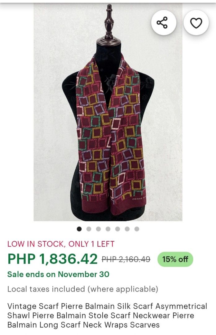 Pierre Balmain scarf (Category: Luxury Apparel) located in Bulacan. Submitted by nifftyythrifty (Listing ID 1337724176, Image 1). Description: Pierre Balmain scarf.