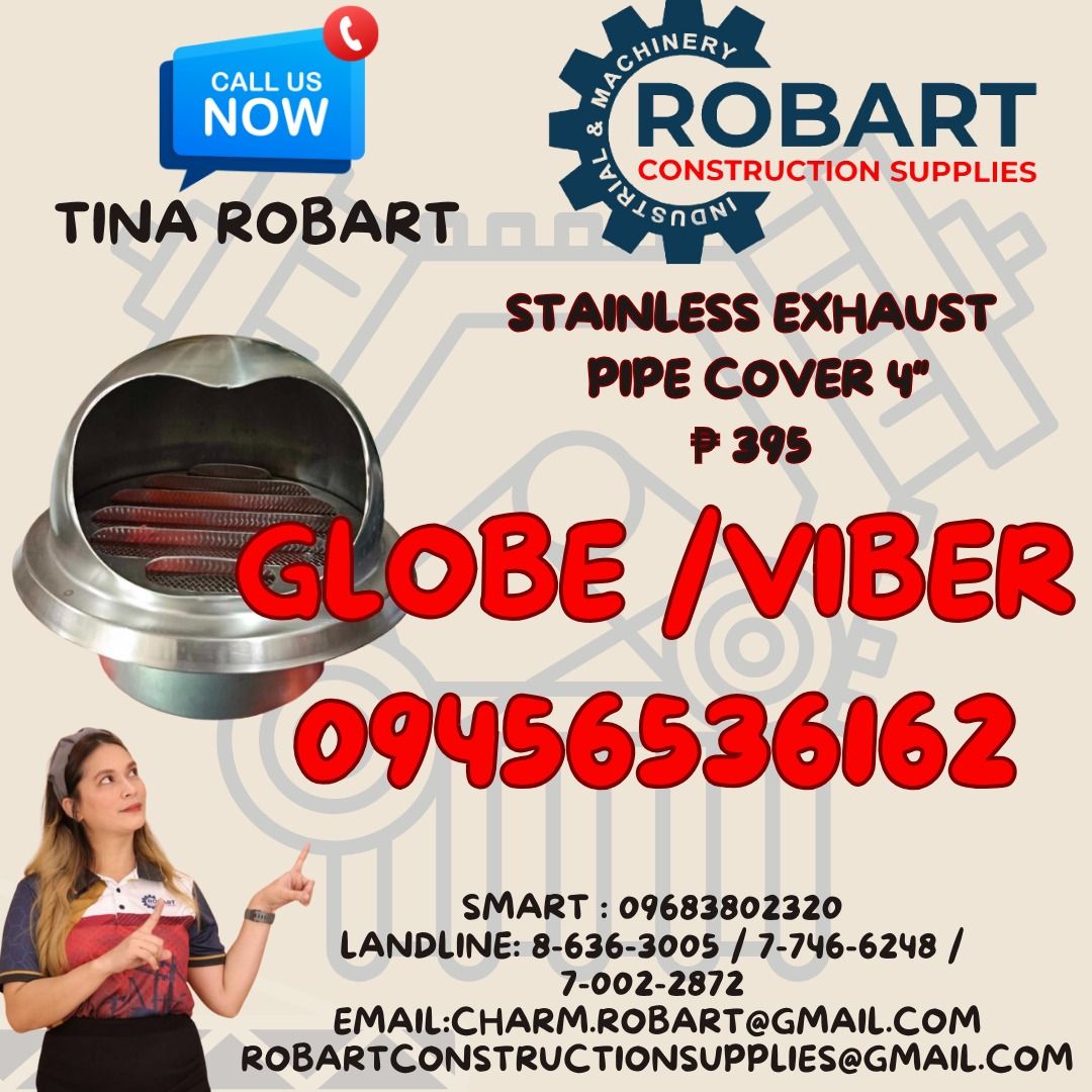 Stainless Exhaust Pipe Cover 4" (Category: Construction & Building Materials) located in Manila. Submitted by tina.sales (Listing ID 1337643490, Image 1). Description: Stainless Exhaust Pipe Cover 4" 𝑹𝑶𝑩𝑨𝑹𝑻 𝑪𝑶𝑵𝑺𝑻𝑹𝑼𝑪𝑻𝑰𝑶𝑵 𝑺𝑼𝑷𝑷𝑳𝑰𝑬𝑺 𝑶𝒇𝒇𝒊𝒄𝒆 𝑨𝒅𝒅𝒓𝒆𝒔𝒔: 𝟏𝟒𝟎𝟓 𝒀𝒖𝒔𝒆𝒄𝒐 𝑺𝒕. 𝑺𝒕𝒂 𝑪𝒓𝒖𝒛 𝑴𝒂𝒏𝒊𝒍𝒂 𝑺𝑬𝑵𝑫 𝑼𝑺 𝑴𝑬𝑺𝑺𝑨𝑮𝑬 𝑭𝑶𝑹 𝑰𝑵𝑸𝑼𝑰𝑹𝑰𝑬𝑺 ‼️ ‼️ 𝑮𝒍𝒃𝒆 - (𝟢𝟫𝟒𝟓-𝟔𝟓𝟑-𝟔𝟏𝟔𝟐) 𝑻.𝑴. - (