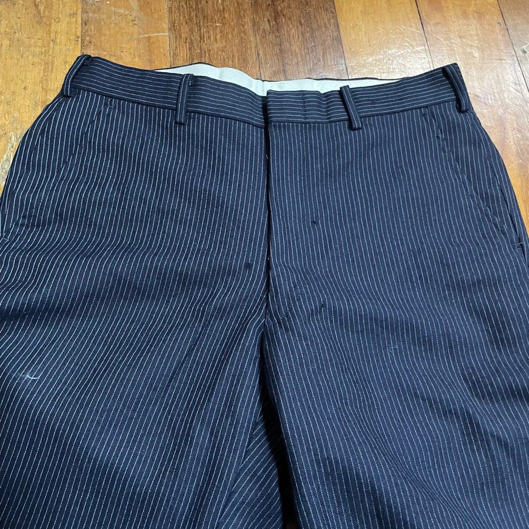 Vintage Wool Pinstripe Trousers (Category: Trousers) located in Manila. Submitted by mga_damit (Listing ID 1337689171, Image 3). Description: - Vintage Wool pinstripe trousers leg opening 9 length 40 waist 28 issues: repaired pinholes.