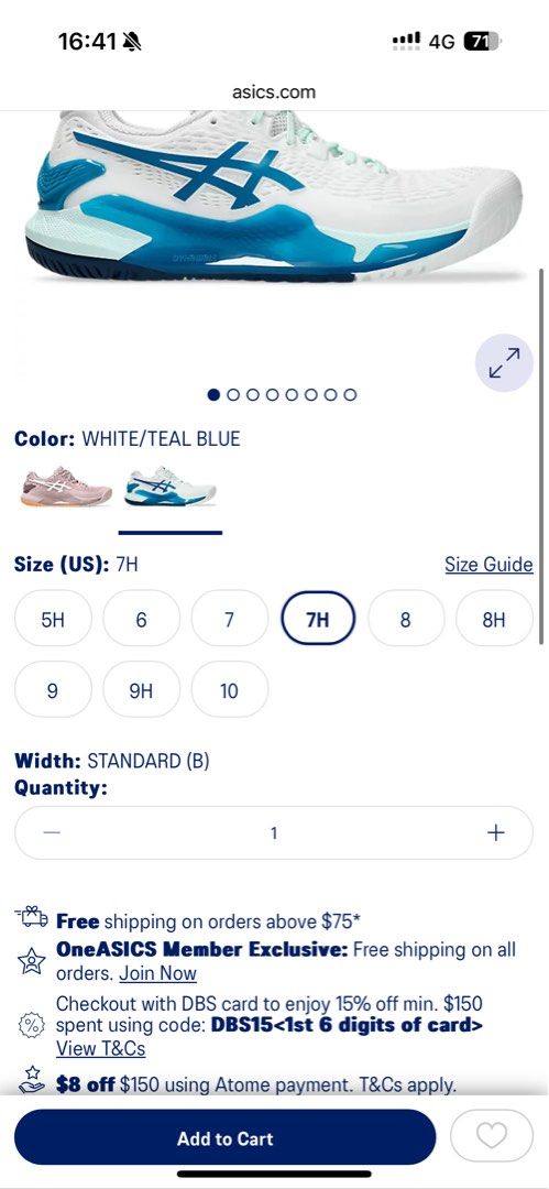 ASICS Womens Gel-Resolution 9 Women’s Tennis Shoes in White/Teal Blue Size 7H (Standard, EUR 39, 24.5cm) (Category: Sneakers) located in Singapore. Submitted by omosaplenty (Listing ID 1337840717, Image 2). Description: Worn twice lightly for two tennis sessions Size 7H, standard width, 24.5cm EUR39 Women’s tennis shoes Very nice colour way! Selling this as I bought the wrong size. im a usual 38-39, and length of foot is 24-24.5cm. this was unfor