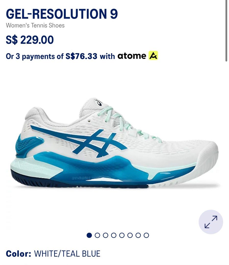 ASICS Womens Gel-Resolution 9 Women’s Tennis Shoes in White/Teal Blue Size 7H (Standard, EUR 39, 24.5cm) (Category: Sneakers) located in Singapore. Submitted by omosaplenty (Listing ID 1337840717, Image 1). Description: Worn twice lightly for two tennis sessions Size 7H, standard width, 24.5cm EUR39 Women’s tennis shoes Very nice colour way! Selling this as I bought the wrong size. im a usual 38-39, and length of foot is 24-24.5cm. this was unfor