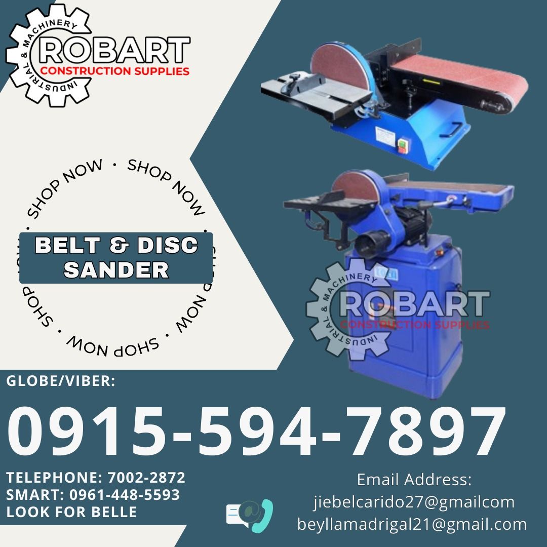 Belt & Disc Sander (Category: Construction Tools & Equipment) located in Manila. Submitted by bellarobart (Listing ID 1337780561, Image 1). Description: Belt & Disc Sander Brand: Torq Model: T-BD6100 Size: 10" Price: 28,000 Model: T-BDS69 Size: 9" Price: 37,000 𝑹𝑶𝑩𝑨𝑹𝑻 𝑪𝑶𝑵𝑺𝑻𝑹𝑼𝑪𝑻𝑰𝑶𝑵 𝑺𝑼𝑷𝑷𝑳𝑰𝑬𝑺 Office Address: 1405 Yuseco St. Sta Cruz Manila SEND US MESSAGE FOR INQUIRIES ‼️‼️ Glb/Vibr: 0915-594-7897 Smrt: 0961-448-5593 Landli