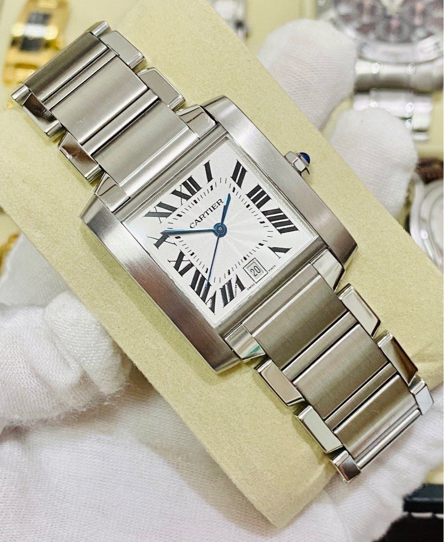 Cartier Tank Française Large Automatic (Category: Luxury Watches) located in Baliuag. Submitted by clicksmileph (Listing ID 1337924338, Image 3). Description: Cartier Tank Française Large Automatic 198,000 Php Guilloche White Dial 28x32mm Case size Automatic Movement 6'0 Calendar Aperture 9.5/10 Like New (Free Polish upon request) All Original Parts, No issue, All working Guaranteed Authentic Low ballers will not be entertained (Selling low alrea
