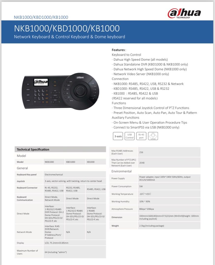 Clavier Joystick Dahua NKB1000 PTZ – Contrôleur Pour Caméras HD-CVI IP – Neuf