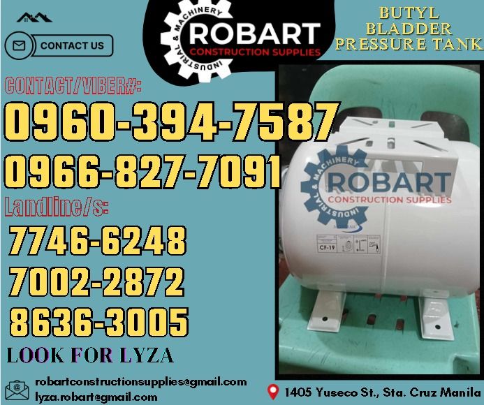Montana Butyl Bladder Pressure Tank (Category: Construction Tools & Equipment) located in Manila. Submitted by lyzarobart11 (Listing ID 1337762541, Image 1). Description: Montana Butyl Bladder Pressure Tank Model: CF/19 𝑹𝑶𝑩𝑨𝑹𝑻 𝑪𝑶𝑵𝑺𝑻𝑹𝑼𝑪𝑻𝑰𝑶𝑵 𝑺𝑼𝑷𝑷𝑳𝑰𝑬𝑺 𝒪𝒻𝒻𝒾𝒸𝑒 𝒜𝒹𝒹𝓇𝑒𝓈𝓈: 𝟣𝟦𝟢𝟧 𝒴𝓊𝓈𝑒𝒸𝑜 𝒮𝓉. 𝒮𝓉𝒶 𝒞𝓇𝓊𝓏 𝑀𝒶𝓃𝒾𝓁𝒶 ꜱᴇɴᴅ ᴜꜱ ᴍᴇꜱꜱᴀɢᴇ ꜰᴏʀ ɪɴQᴜɪʀɪᴇꜱ ‼️ ‼️ ɢʟᴏʙᴇ: (0966-827-7091) ꜱᴍʀᴛ - (0960-394-7587) ᴠɪʙʀ - 
