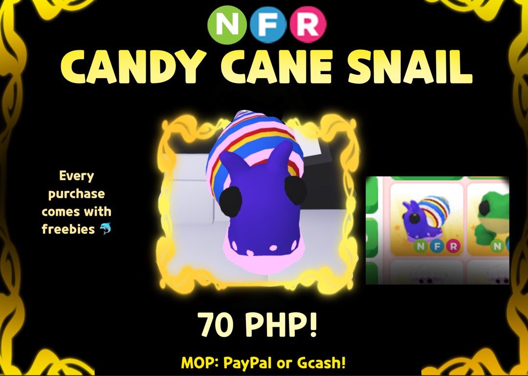 Neon fr Candy Cane Snail! (Adopt me) (Category: In-Game Products) located in Manila. Submitted by gokurakuu (Listing ID 1337843121, Image 1). Description: Only 1 in stock! Immediately marked as sold when purchased by a buyer Procedure: Like other sellers, after payment-I’ll send you my username and then we can make the trade soon after or whichever time you prefer! METHOD OF PAYMENT: PayPal or Gcash, strictly payment first though! (Don’t be afrai