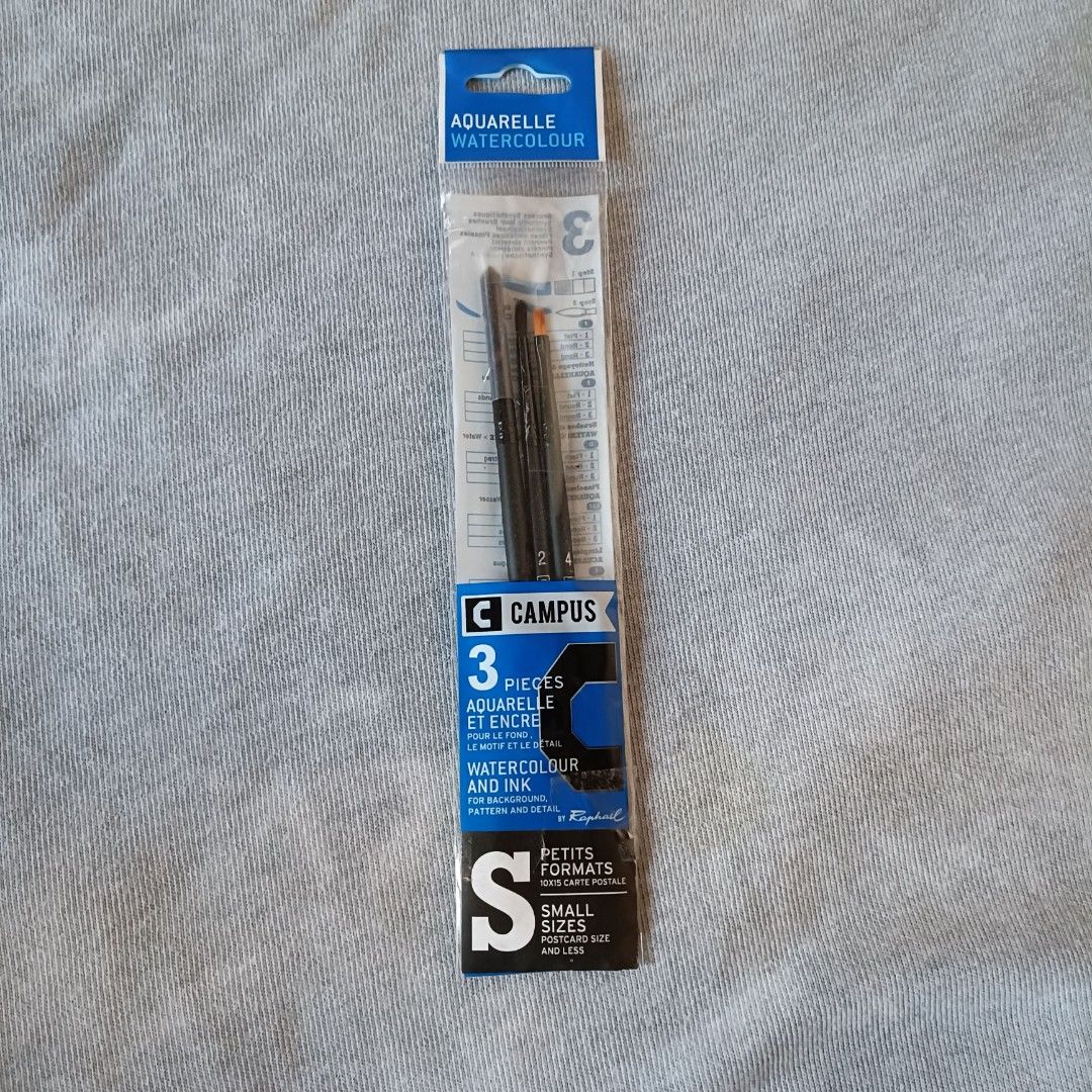 Raphael Campus Watercolor Brush Set (SMALL) (Category: Stationery & School Supplies) located in Santa Rosa. Submitted by dmrnsm (Listing ID 1337753304, Image 1). Description: • Just tested only, in good condition • Small variant consists of: round no.2, round no.8 and flat no.4 • Series Campus - Synthetic feather - Plastic Short Handle - Suitable for watercolor and ink •The Campus Series is designed for students, beginners and anyone looking for 