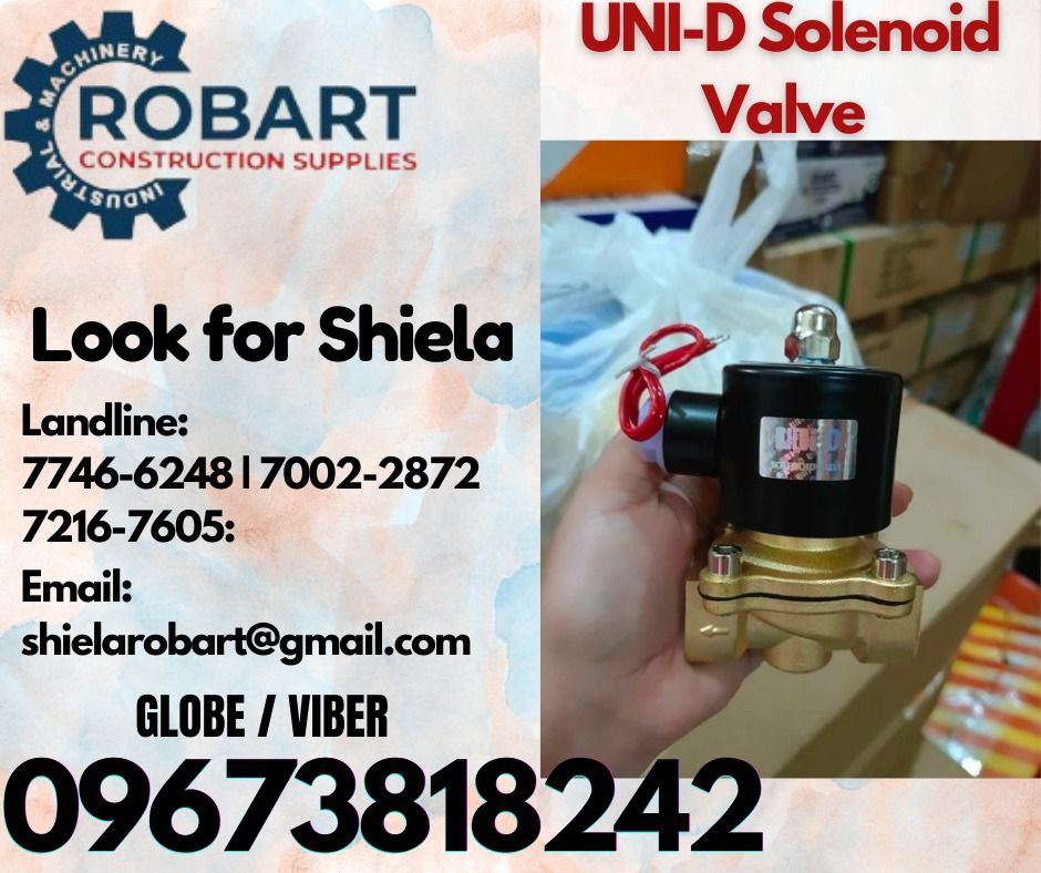 UNI-D Solenoid Valve (Category: Construction Tools & Equipment) located in Caloocan City. Submitted by shielaroba44709 (Listing ID 1337802382, Image 1). Description: UNI-D Solenoid Valve 3/4'' for water 𝑹𝑶𝑩𝑨𝑹𝑻 𝑪𝑶𝑵𝑺𝑻𝑹𝑼𝑪𝑻𝑰𝑶𝑵 𝑺𝑼𝑷𝑷𝑳𝑰𝑬𝑺 Office Address: 1405 Yuseco St. Sta Cruz Manila SEND US MESSAGE FOR INQUIRIES ‼️ ‼️ Call: 09673818242 / 09662708845 Vibr - (09673818242) Landline: (𝟩𝟩𝟦𝟨-𝟨𝟤𝟦𝟪) / (𝟩𝟢𝟢𝟤-𝟤𝟪𝟩𝟤) / (