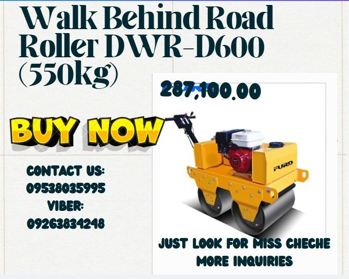 Walk Behind Road Roller DWR-D600 (550kg) (Category: Everything Else Others) located in Caloocan City. Submitted by gollemrea92925 (Listing ID 1337854396, Image 1). Description: Walk speed:0-4km/h Climbing capacity:30% Drive type: Hydraulic Station Vibration Control: Automatic Clutch Static linear load:53N/cm Vibration frequency:70HZ Exciting force:20KN Water tank:20L Hydraulic oil tank:21L Engine type: Honda gasoline GX270 Power:9HP Starting Mode