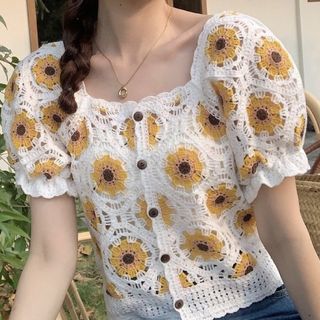向日葵鉤織祖母格田園風鉤針編織短袖上衣64232218287491110