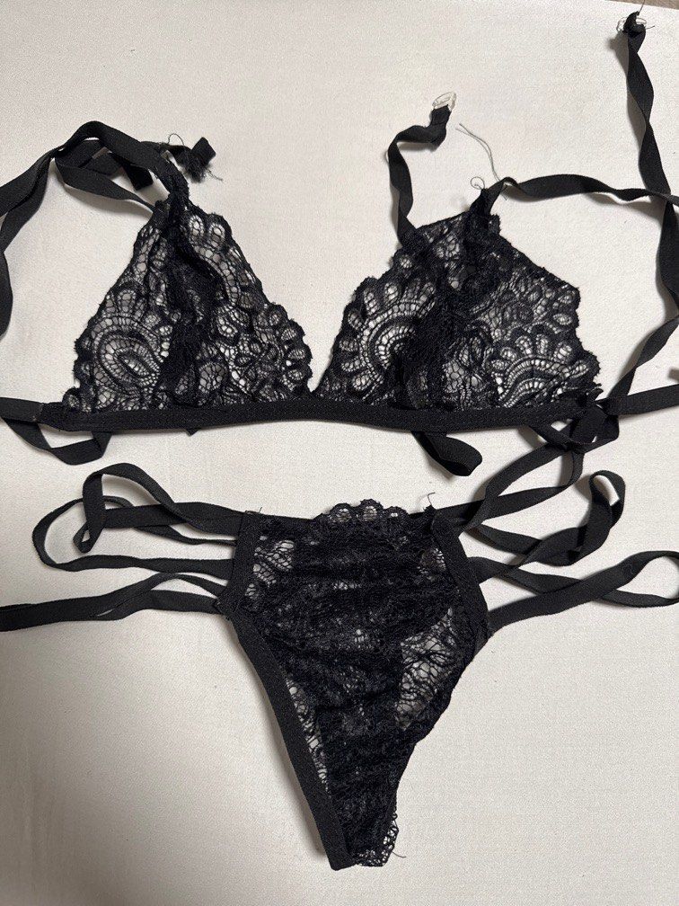 Black lace lingerie set (Category: Undergarments & Loungewear) located in Makati City. Submitted by fleuraline (Listing ID 1338108056, Image 1). Description: Small-medium Some snags on fabric From my personal collection RFS: Too many Lingerie No tags .