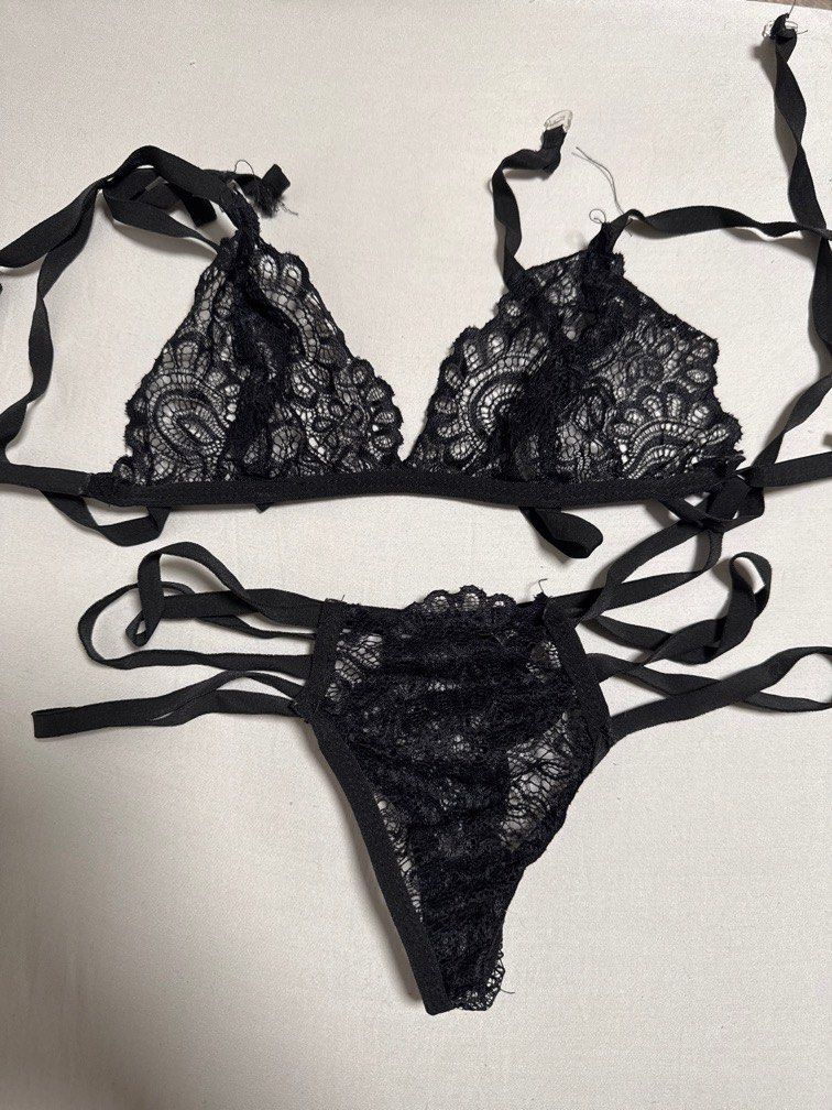 Black lace lingerie set (Category: Undergarments & Loungewear) located in Makati City. Submitted by fleuraline (Listing ID 1338108056, Image 2). Description: Small-medium Some snags on fabric From my personal collection RFS: Too many Lingerie No tags .