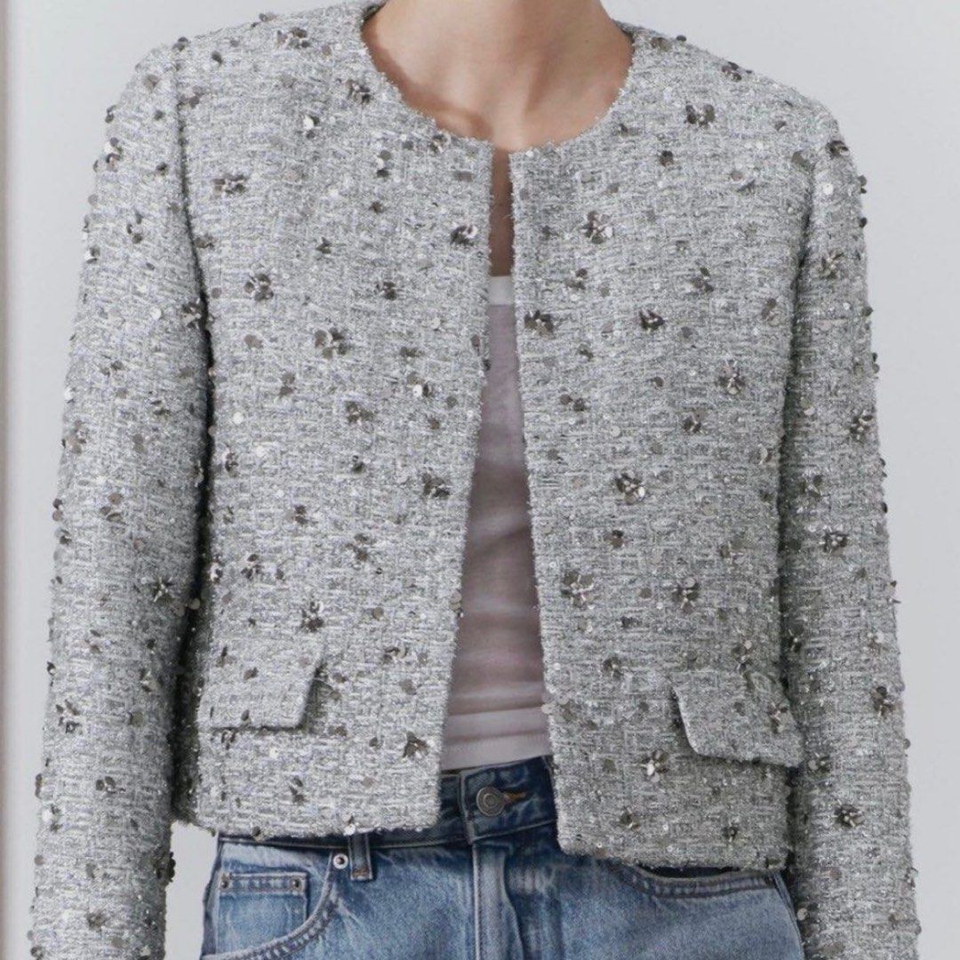 BUY RENT Zara ZW Collection Tweed Sequin Jacket Blazer in Silver Grey Women s Fashion Coats Jackets and Outerwear on Carousell