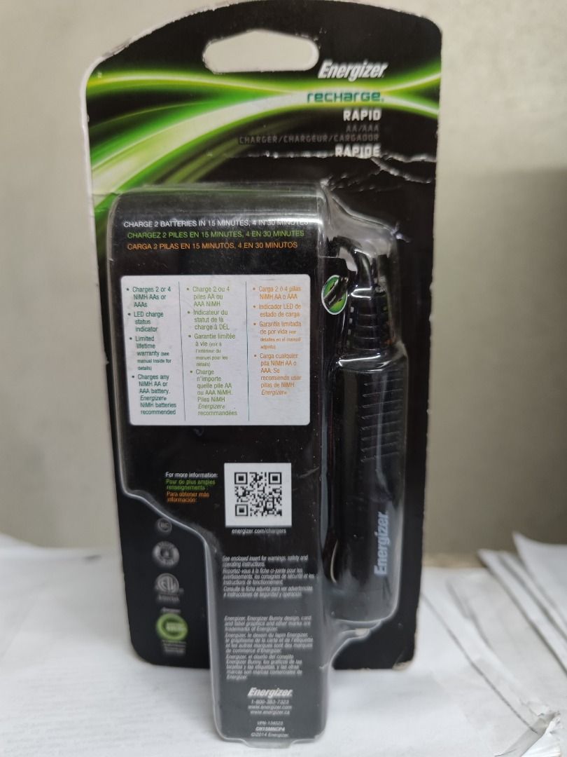Energizer® 15-Minute Charger & Battery 4-Pack (Category: Construction Tools & Equipment) located in Manila. Submitted by kingkai999 (Listing ID 1338085654, Image 2). Description: Reduce the down time of your digital camera, MP3 player or other portable electronic gear. This package includes four "AA" rechargeable batteries, plus a charger that can recharge them in just 15 minutes. The charger features a built-in timer and temperature sensor for s