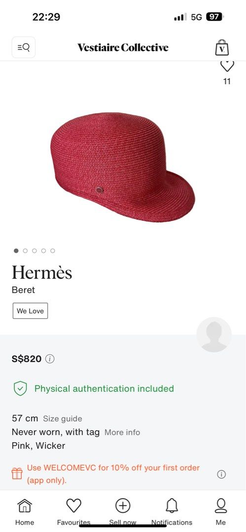 Hat (Category: Caps & Hats) located in Singapore. Submitted by fabulousone (Listing ID 1338080658, Image 5). Description: Brand new Beret Wicker Hat Only dust bag Size:57.