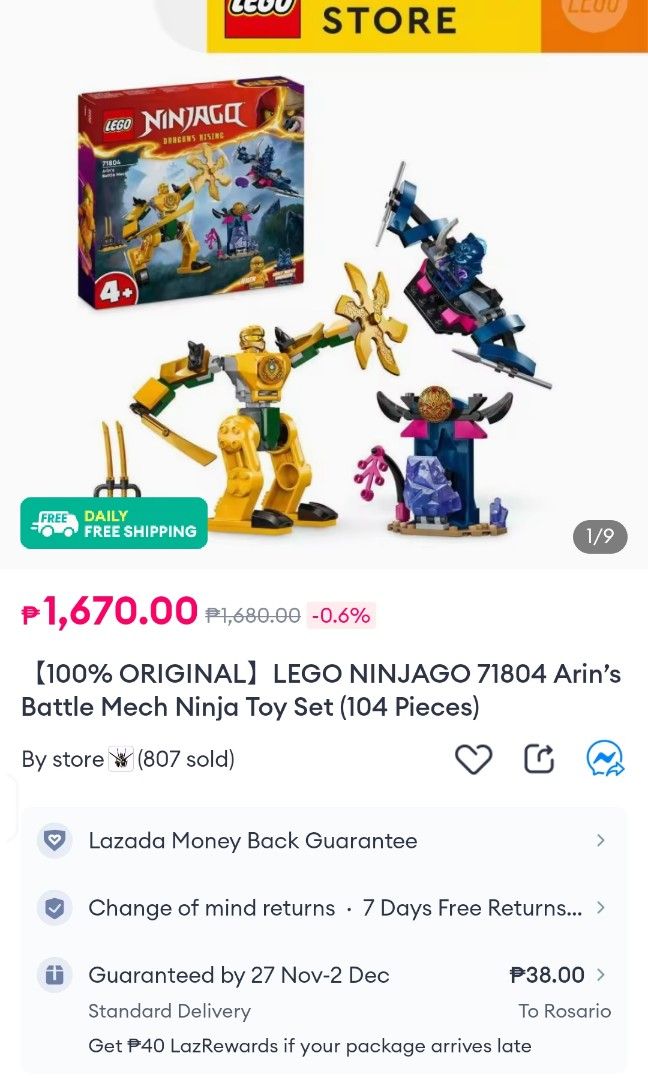 Lego Ninjago Arin's Battle Mech (Category: Lego & Building Sets) located in Antipolo. Submitted by saphiraaa03 (Listing ID 1337959816, Image 2). Description: For Sale Lego Ninjago Arin's Battle Mech 104pieces Orig Price: 1.6k++ Selling Price: 1,199 Location: Upper Antipolo.