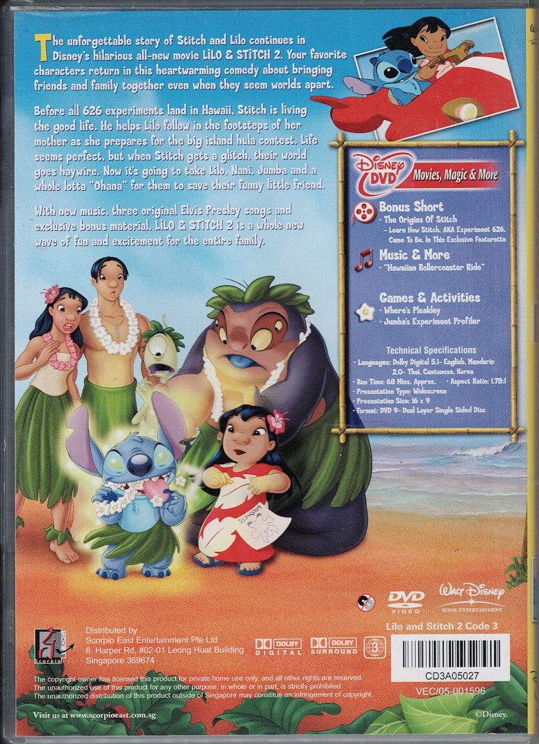 Lilo & Stitch 2 (Stitch Has A Glitch) ***original dvd*** (Category: CDs & DVDs) located in Pasig City. Submitted by armcjay (Listing ID 1338007140, Image 3). Description: This is a pre-owned, authentic item, from my own DVD collection. The disk may contain minor scratches, marks or dirt, and is playable with commercial DVD players and computers. I don't sell defective item here. No return / no exchange..