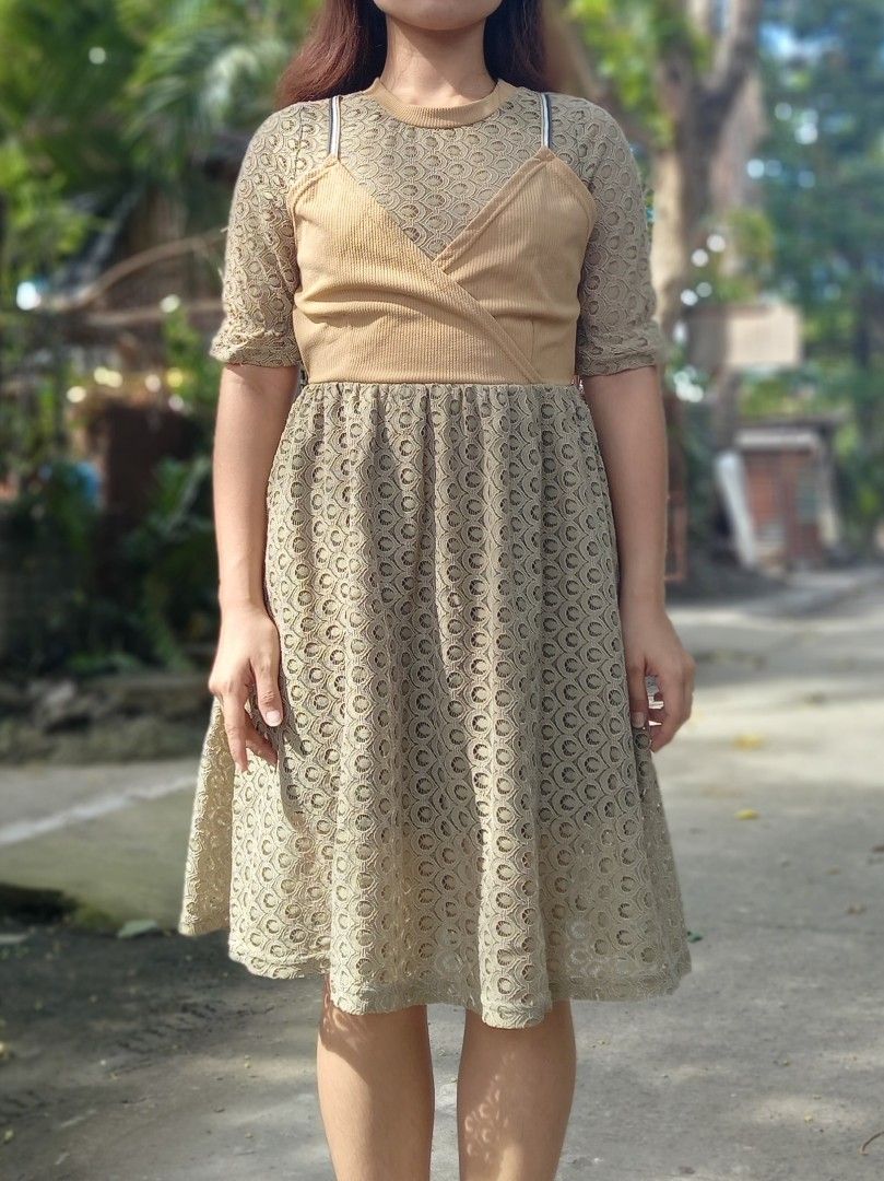 Matcha & Brown Lace Dress (Category: Dresses) located in Cabuyao City. Submitted by thewardrobearchives (Listing ID 1338005048, Image 1). Description: - High quality! - Mukhang layered, but it's not. One piece lang siya hehe - with gartered waistband Clothing Notes: ▪︎This is PRELOVED. ▪︎Items are already washed but you may wash it again for safety purposes. ▪︎Items have no issues otherwise, stated. ▪︎The color may vary due to lighting. ▪︎If when