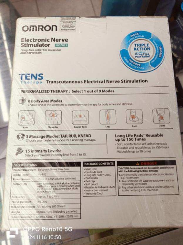 Omron TENS Machine (HV-F021) (Category: Medical Supplies & Tools) located in Quezon City. Submitted by pjfalogme21 (Listing ID 1337956452, Image 2). Description: 6 body area modes 3 massage modes 15 intensity levels Includes 2 Long Life Pads Available for pick up and delivery. Same day delivery within Metro Manila and nearby provinces. We accept COD, Bank Transfer, and Gcash payment. Pm for more details..