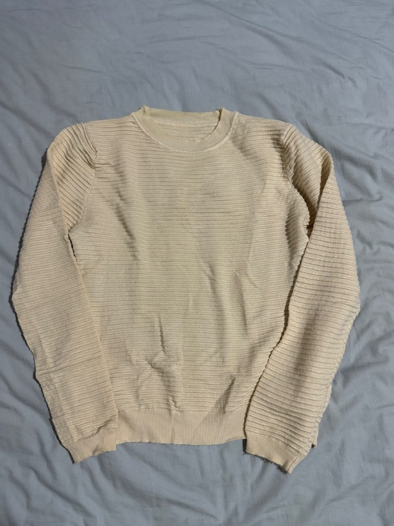 Cream Textured Stripe Detail Half Sleeve Sweater Top main image 1