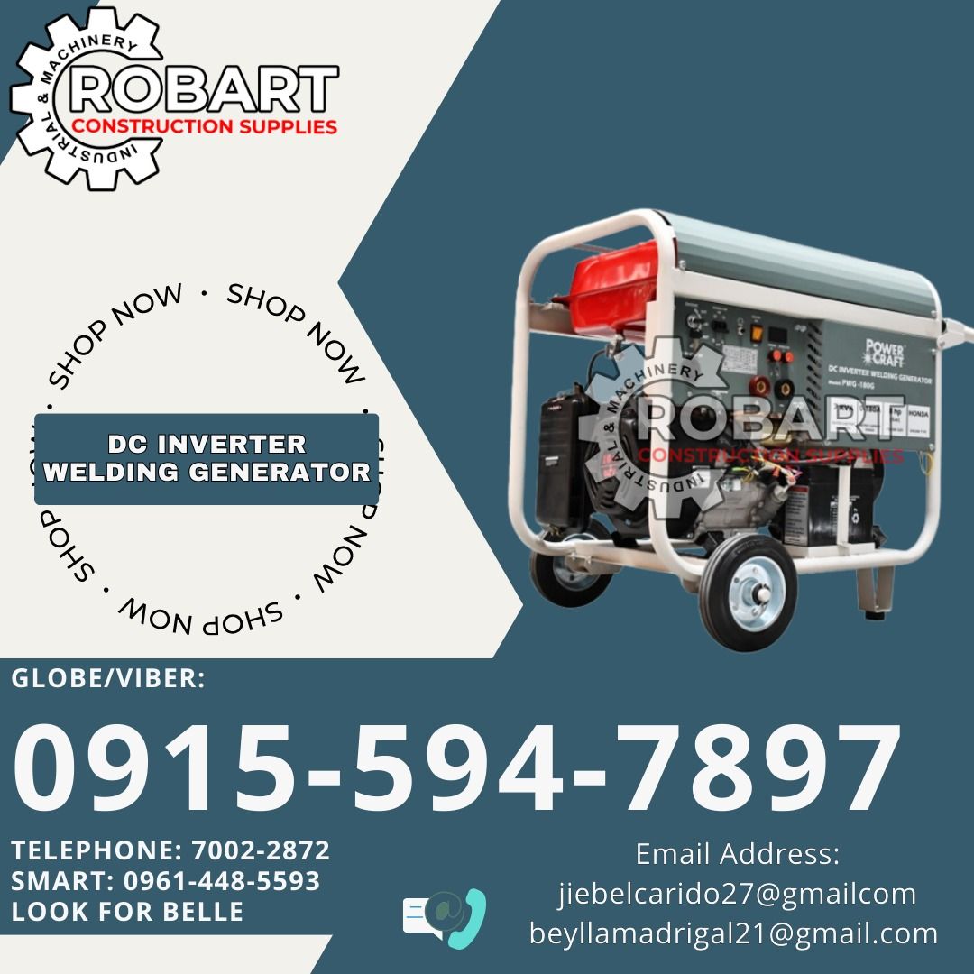 DC Inverter Welding Generator (Category: Construction Tools & Equipment) located in Manila. Submitted by bellarobart (Listing ID 1338130225, Image 1). Description: DC Inverter Welding Generator Brand: Powercraft Model: PWG 180G 7KVA / 20-180A 𝑹𝑶𝑩𝑨𝑹𝑻 𝑪𝑶𝑵𝑺𝑻𝑹𝑼𝑪𝑻𝑰𝑶𝑵 𝑺𝑼𝑷𝑷𝑳𝑰𝑬𝑺 Office Address: 1405 Yuseco St. Sta Cruz Manila SEND US MESSAGE FOR INQUIRIES ‼️‼️ Glb/Vibr: 0915-594-7897 Smrt: 0961-448-5593 Landline: (7746-6248 / 70