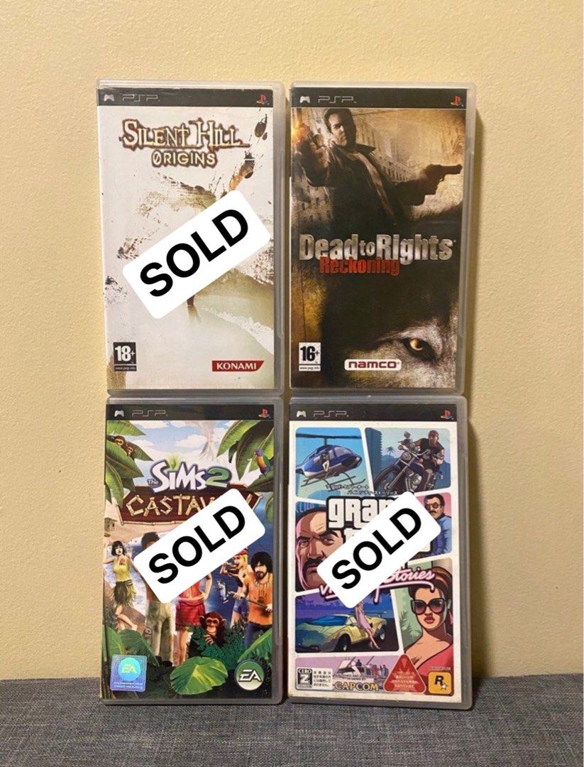 PSP UMD Games (Category: PlayStation) located in Quezon City. Submitted by retroatticshop (Listing ID 1326114038, Image 1). Description: - All tested and in good working condition Prices: - Sims Castaway - ₱450 [SOLD] - GTA Vice City - ₱600 [SOLD] - Silent Hill Origins - ₱400 [SOLD] - Dead to Rights Reckoning - ₱400 SF is shouldered by the buyer MOP: Gcash MOD: Lalamove / Gogo Express.