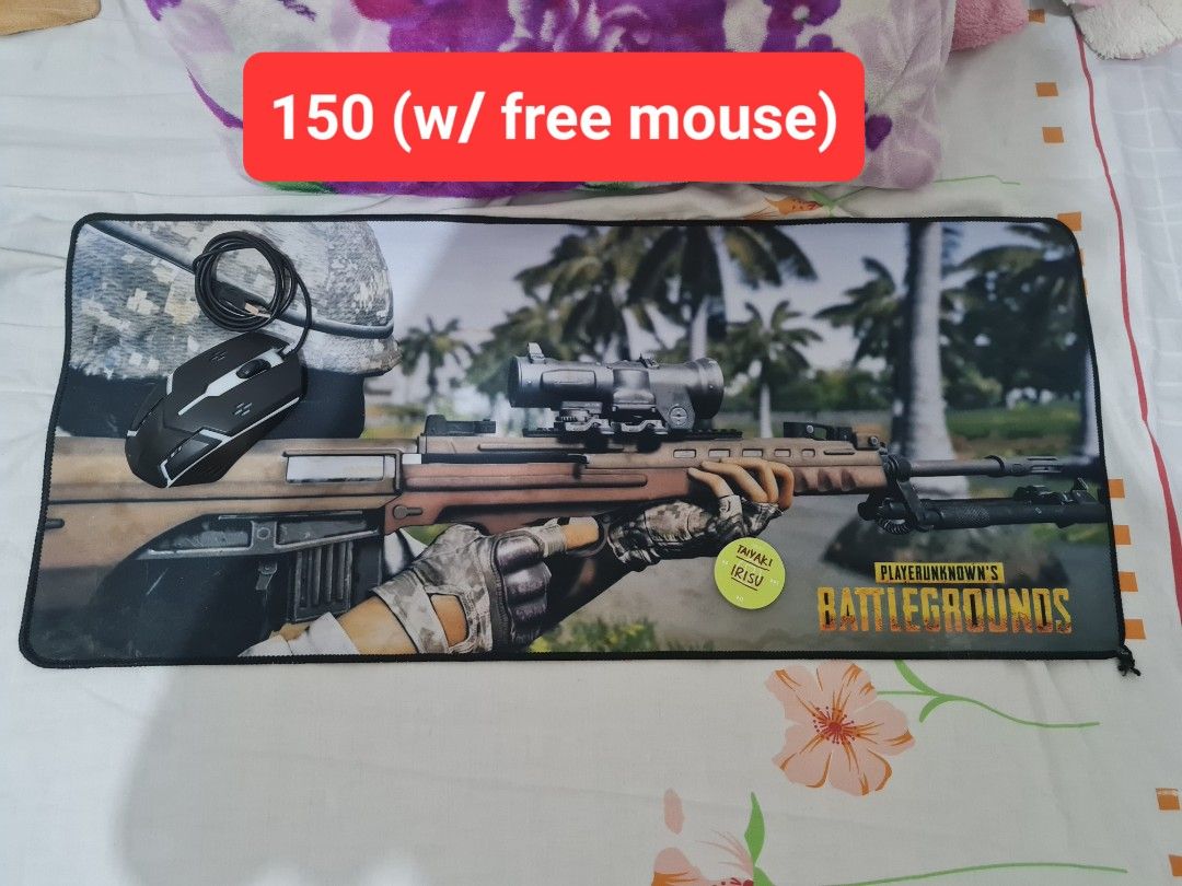 PUBG Table mat (with free mouse) (Category: Mouse & Mousepads) located in Cavite. Submitted by taiyaki_iris (Listing ID 1338194879, Image 1). Description: - Desk mat is clean - Mouse scroll button is worn but still working 🍘 MOP: Gcash 🍘 MOD: J&T/Lalamove 🍘 LOC: Dasma Cavite (no meetups!!!).