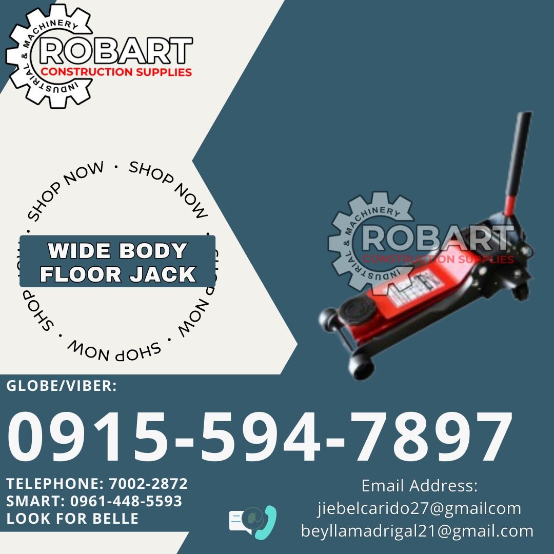 Wide Body Floor Jack (Category: Construction Tools & Equipment) located in Manila. Submitted by bellarobart (Listing ID 1338182468, Image 1). Description: Wide Body Floor Jack Brand: Toplift Model: TFJ35540 Capacity: 3.5T 𝑹𝑶𝑩𝑨𝑹𝑻 𝑪𝑶𝑵𝑺𝑻𝑹𝑼𝑪𝑻𝑰𝑶𝑵 𝑺𝑼𝑷𝑷𝑳𝑰𝑬𝑺 Office Address: 1405 Yuseco St. Sta Cruz Manila SEND US MESSAGE FOR INQUIRIES ‼️‼️ Glb/Vibr: 0915-594-7897 Smrt: 0961-448-5593 Landline: (7746-6248 / 7002-2872) 𝓛𝓞𝓞𝓚 𝓕�