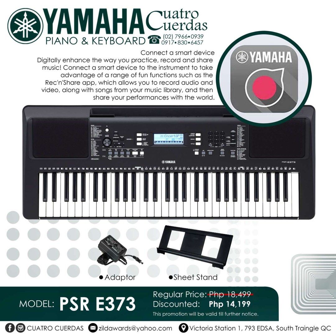 Yamaha psr e373 (Category: Musical Instruments) located in Quezon City. Submitted by monique_aguilar (Listing ID 1338292638, Image 1). Description: .
