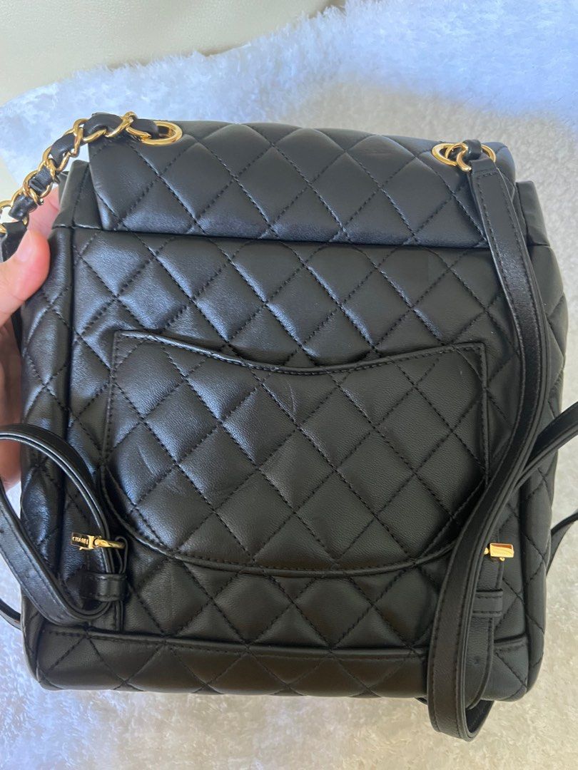 Chanel back pack (Category: Luxury Bags & Wallets) located in Manila. Submitted by chaitheexplorer (Listing ID 1338348728, Image 2). Description: Rare Chanel Lamb Skin Urban spirit backpack 23S medium size Color: Black GHW Used once Selling low - 325k only with dust bag.