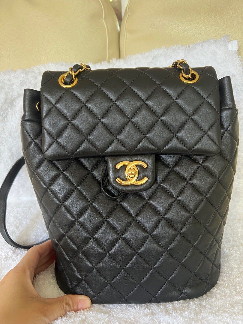 Chanel back pack (Category: Luxury Bags & Wallets) located in Manila. Submitted by chaitheexplorer (Listing ID 1338348728, Image 1). Description: Rare Chanel Lamb Skin Urban spirit backpack 23S medium size Color: Black GHW Used once Selling low - 325k only with dust bag.
