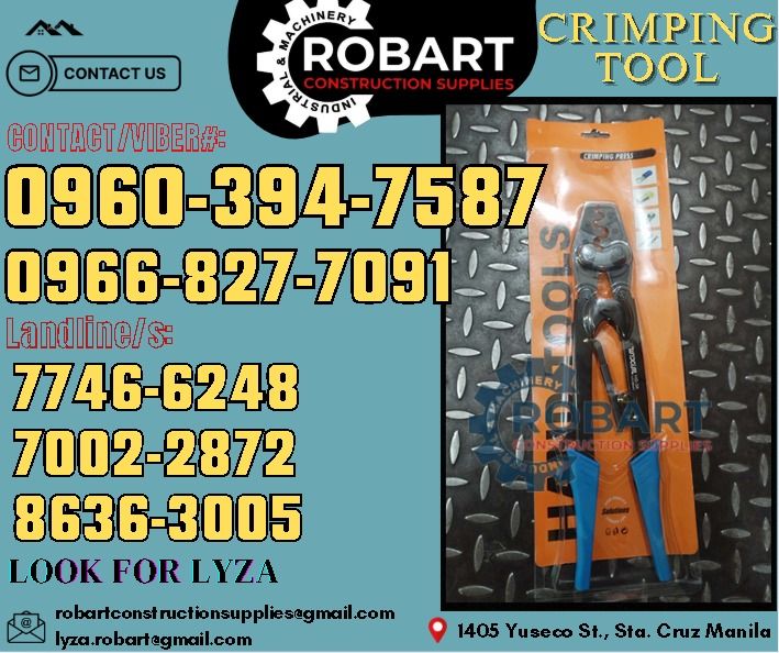 Crimping Tool 10-2AWG (Category: Construction Tools & Equipment) located in Manila. Submitted by lyzarobart11 (Listing ID 1338351762, Image 1). Description: Crimping Tool Range: 5.5-38mm² 10-2AWG HS-38 𝑹𝑶𝑩𝑨𝑹𝑻 𝑪𝑶𝑵𝑺𝑻𝑹𝑼𝑪𝑻𝑰𝑶𝑵 𝑺𝑼𝑷𝑷𝑳𝑰𝑬𝑺 𝒪𝒻𝒻𝒾𝒸𝑒 𝒜𝒹𝒹𝓇𝑒𝓈𝓈: 𝟣𝟦𝟢𝟧 𝒴𝓊𝓈𝑒𝒸𝑜 𝒮𝓉. 𝒮𝓉𝒶 𝒞𝓇𝓊𝓏 𝑀𝒶𝓃𝒾𝓁𝒶 ꜱᴇɴᴅ ᴜꜱ ᴍᴇꜱꜱᴀɢᴇ ꜰᴏʀ ɪɴQᴜɪʀɪᴇꜱ ‼️ ‼️ ɢʟᴏʙᴇ: (0966-827-7091) ꜱᴍʀᴛ - (0960-394-7587) ᴠɪʙʀ - (0960-394-7587) ʟᴀ
