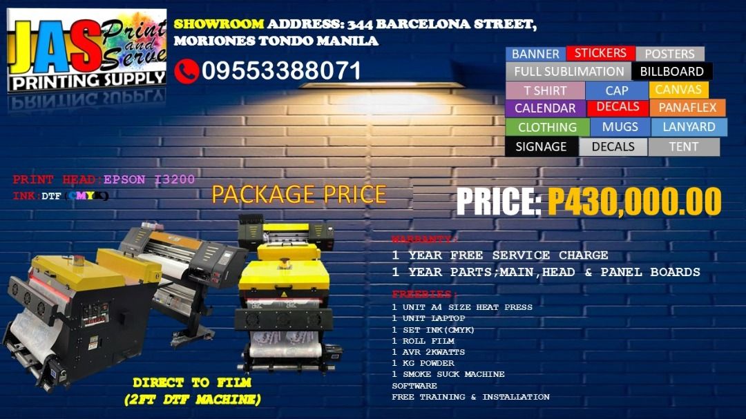 DTF PRINTER MACHINE I3200 DIRECT TO FILM (Category: Printers, Scanners & Copiers) located in Manila. Submitted by melvinflor41363 (Listing ID 1338310015, Image 1). Description: ELECTION PROMO ‼️ JAS Print and Serve Printing Supply Tarpaulin Printer Machines (6ft & 10ft) Sublimation Printers (DX11, Dual Head DX11, i3200) DTF Machines (A3 Size & 2FT) Laser Cutters Cutter Plotters (2FT & 4FT) Heat Press Machines (Drawer Type 80x100 & Roller Type) En