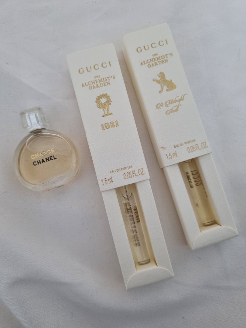 Gucci the alchemist + Chanel chance mini (Category: Fragrance & Deodorants) located in Trece Martires City. Submitted by miladyoo9 (Listing ID 1338449393, Image 1). Description: Chanel chance - 7.5 ml Gucci the alchemist garden 1.5 ml each.