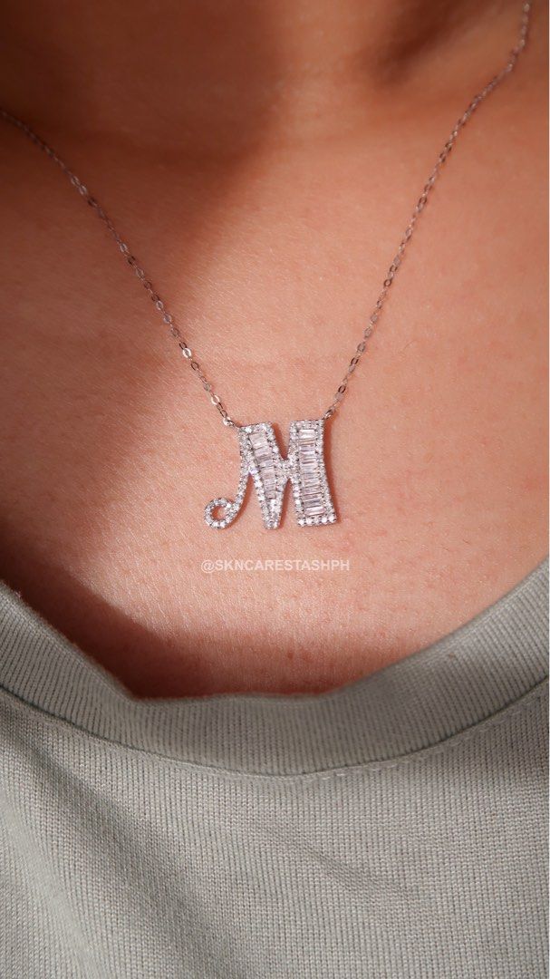 Letter M Initial Diamond Baguette Necklace (Category: Necklaces) located in Manila. Submitted by skncarestashph (Listing ID 1338304045, Image 3). Description: NEW ARRIVALS! LIMITED EDITION! ✨ Initial Diamond Necklace 💎 0.37ct total 💎 Natural Earth Mined Diamond 📄 With Certificate 💎 18k White Gold 📏 16”-17”-18” 🇭🇰 HK Setting 📌 ON HAND AND READY TO SHIP! 📩DM to order! 💳 Credit card accepted 🛵 Same day delivery via Grab/Lalamove 🚚 Insure