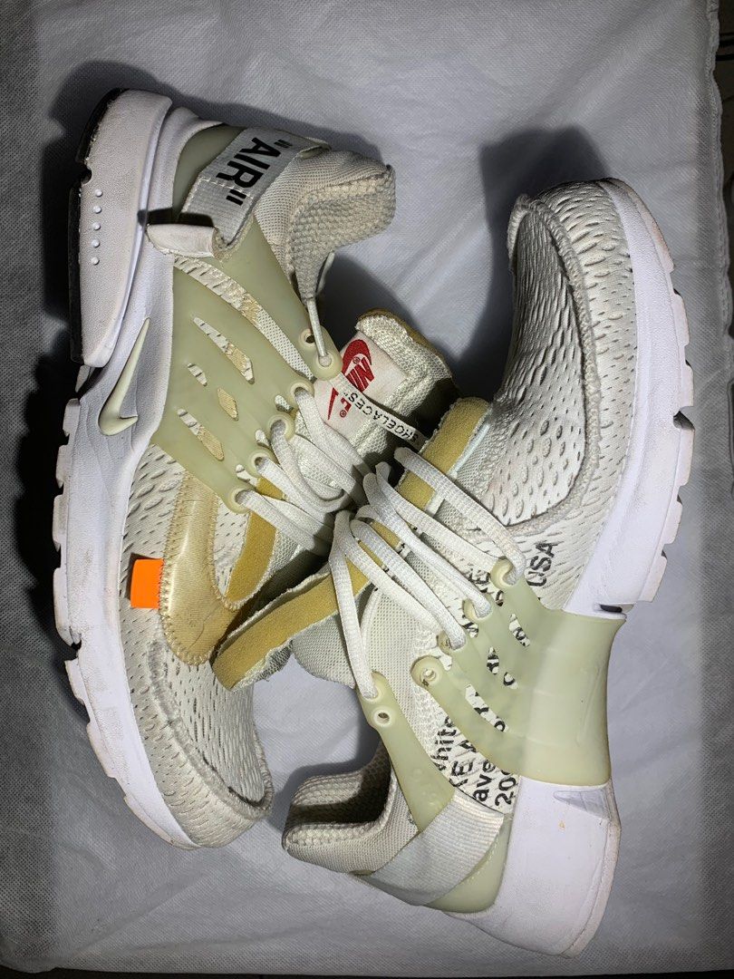 Nike Presto Off White " White" (Category: Sneakers) located in Baguio. Submitted by blackleaf01 (Listing ID 1338460961, Image 1). Description: Nike Presto Off White " White" Second hand Flaws: The swoosh has crack Size 11.5 US Shipping fee(Shoulder by the buyer): jnt .