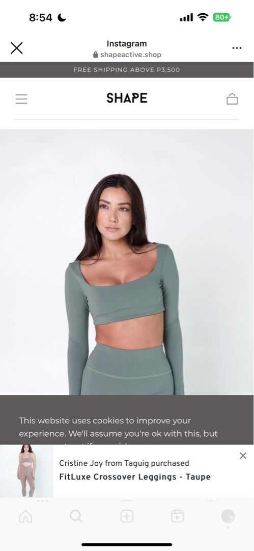 Shape active corelux green set (Category: Activewear) located in Quezon City. Submitted by reiclosett (Listing ID 1338298186, Image 1). Description: Used only once for the top Didnt used the bottoms - srp 3100 for a set vv steal!!!! Helping tags: lululemon,alo, set active.