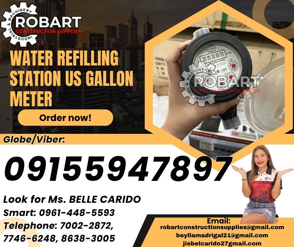 Water Refilling Station US Gallon Meter (Category: Construction Tools & Equipment) located in Manila. Submitted by bellarobart (Listing ID 1338337735, Image 1). Description: Water Refilling Station US Gallon Meter Brand: E-Jet Size: 1/2" 𝑹𝑶𝑩𝑨𝑹𝑻 𝑪𝑶𝑵𝑺𝑻𝑹𝑼𝑪𝑻𝑰𝑶𝑵 𝑺𝑼𝑷𝑷𝑳𝑰𝑬𝑺 Office Address: 1405 Yuseco St. Sta Cruz Manila SEND US MESSAGE FOR INQUIRIES ‼️‼️ Glb/Vibr: 0915-594-7897 Smrt: 0961-448-5593 Landline: (7746-6248 / 7002-28