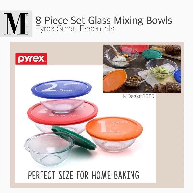 8pc Glass Bowl Set by Pyrex (Category: Bakeware) located in Manila. Submitted by mshopmla (Listing ID 1338624649, Image 1). Description: Smart Essentials Pyrex 8 Piece Set Glass Mixing Bowl The Perfect Bowl Sizes for Home Baking Product Code: PSEGMB-8 Price : Php 4,300.00 per Set #bakingessential #pyrex.