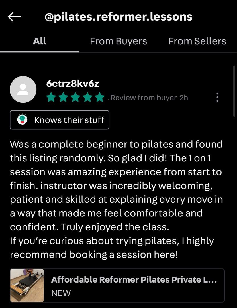 *waitlist only* [Aljunied] Private / Duet Reformer Pilates Lesson (Category: Other Sports Equipment and Supplies) located in Singapore. Submitted by pilates.reformer.lessons (Listing ID 1336402879, Image 3). Description: Hi! I’m a female pilates instructor teaching ladies of all ages pilates on the reformer at my home studio, focusing on correcting muscle imbalances to improve your form and posture for everyday life. I have taught clients of all 