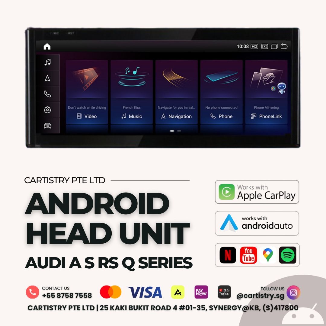 AUDI A1 A3 A4 A5 A6 Q3 Q5 B8 B9 10.25 INCH 2K 13 ANDROID PLAYER HEADUNIT CAR RADIO HEAD UNIT ACCESSORIES 4 CORE 8 CORE WIRELESS CARPLAY DSP DTS DIGITAL MMI INFOTAINMENT SYSTEM (Category: Accessories) located in Singapore. Submitted by revoworks. (Listing ID 1228328561, Image 1). Description: FOR AUDI A1 8X 2010+ A3 S3 RS3 8V 2012+ A4 S4 RS4 B8 8K 2007-2016 A4 S4 RS4 B9 8W 2015+ A5 S5 RS5 B8 8T 8F 2007-2016 A5 S5 RS5 F5 2016-2024 A6 S6 RS6 C7 4G 2