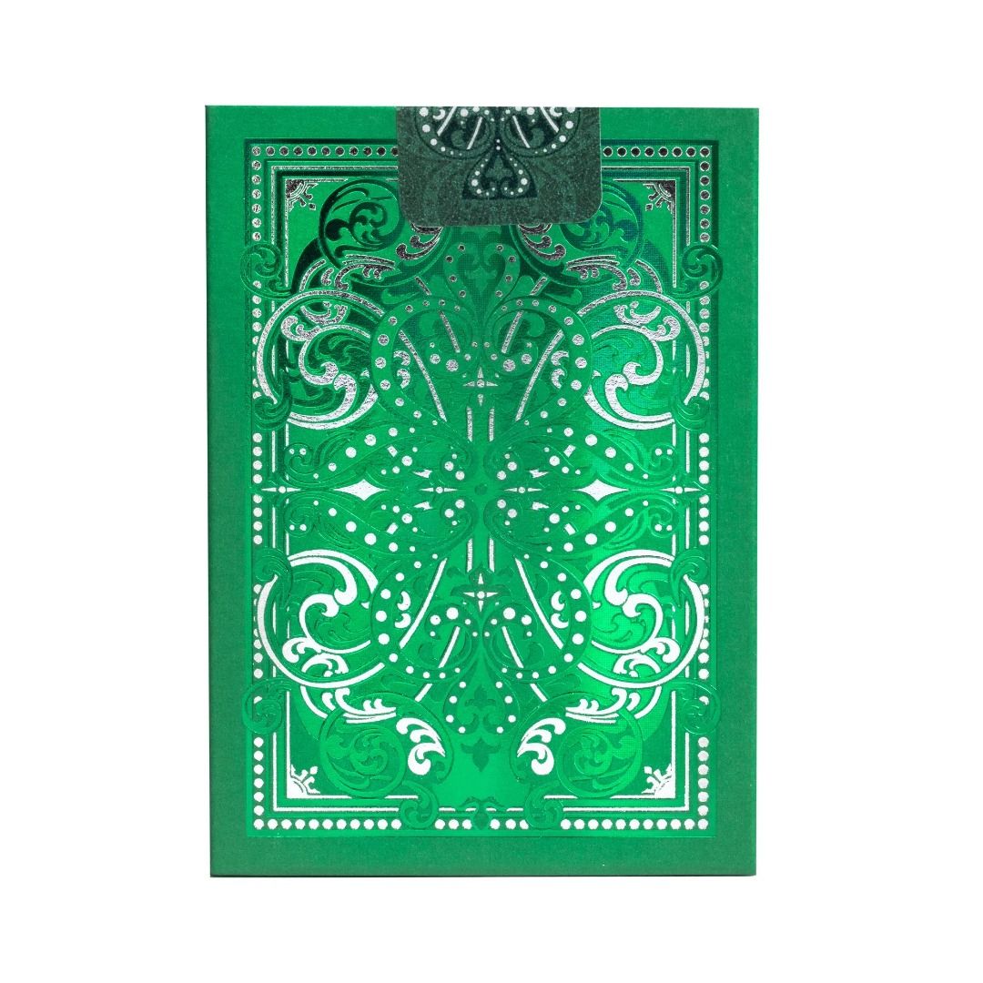 Bicycle Jacquard Playing Cards (Category: Board Games & Puzzles) located in Quezon City. Submitted by vdecks (Listing ID 1338487702, Image 2). Description: Bicycle Jacquard gets its design inspiration from complex, ornate patterns often woven into fabric resulting in beautiful displays. The Bicycle Jacquard tuck case features emerald green and silver foil details woven throughout creating a dazzling and dramatic appeal. Just as Jacquard machines 
